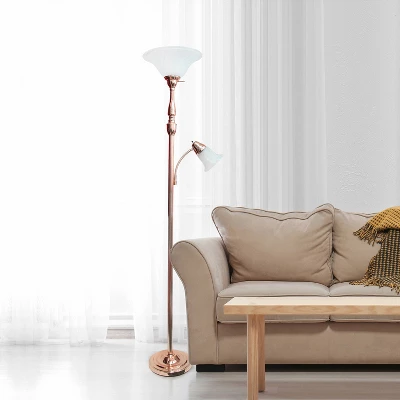 Torchiere Floor Lamp With Reading Light And Marble Glass Shade Rose Gold - Lalia Home - Image 2