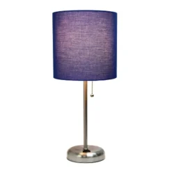 19.5" Bedside Power Outlet Base Metal Table Desk Lamp Brushed Steel With Fabric Shade Navy Blue - Creekwood Home
