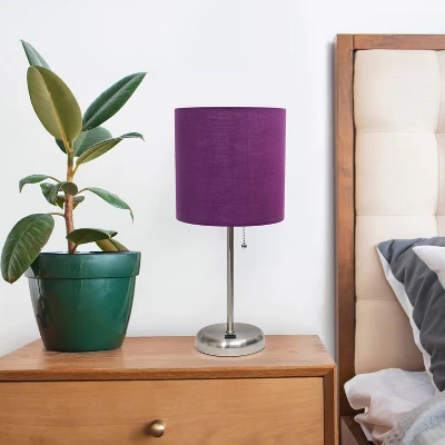19.5" Bedside USB Port Feature Metal Table Desk Lamp Brushed Steel With Purple Fabric Shade - Creekwood Home - Image 7