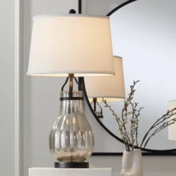 Franklin Iron Works Arian Rustic Farmhouse Table Lamp 27 1/2" Tall Oil Rubbed Bronze Fluted Mercury Glass White Drum Shade For Bedroom Living Room