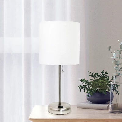 19.5" Bedside Power Outlet Base Metal Table Desk Lamp Brushed Steel With Fabric Shade White - Creekwood Home - Image 7