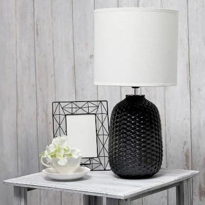 20.4" Traditional Ceramic Purled Texture Bedside Table Desk Lamp With White Fabric Drum Shade Black - Simple Designs - Image 8