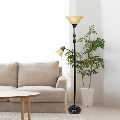 Torchiere Floor Lamp With Reading Light And Marble Glass Shades Restoration Bronze And Amber - Lalia Home - Image 3