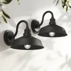 Franklin Iron Works Arnett Rustic Industrial Farmhouse Outdoor Barn Light Fixtures Set Of 2 Black Gooseneck 10 1/2" For Exterior Deck House Porch Yard