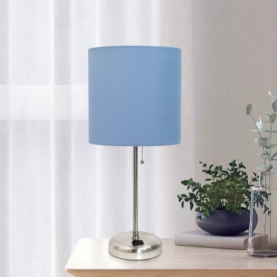 19.5" Bedside Power Outlet Base Metal Table Desk Lamp Brushed Steel With Fabric Shade Blue - Creekwood Home - Image 7