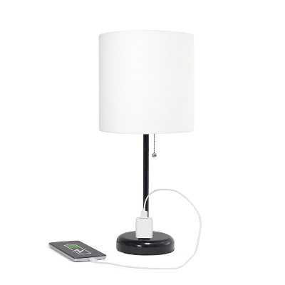 19.5" Bedside Power Outlet Base Metal Table Desk Lamp In Black With White Fabric Shade - Creekwood Home - Image 3