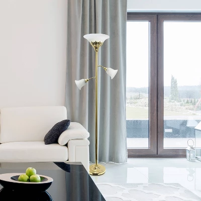Torchiere Floor Lamp With 2 Reading Lights And Scalloped Glass Shades Gold - Lalia Home - Image 3
