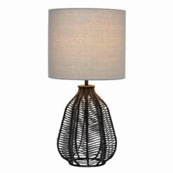 21" Vintage Rattan Wicker Style Paper Rope Bedside Table Lamp With Fabric Shade - Lalia Home