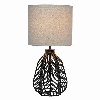 21" Vintage Rattan Wicker Style Paper Rope Bedside Table Lamp With Fabric Shade - Lalia Home
