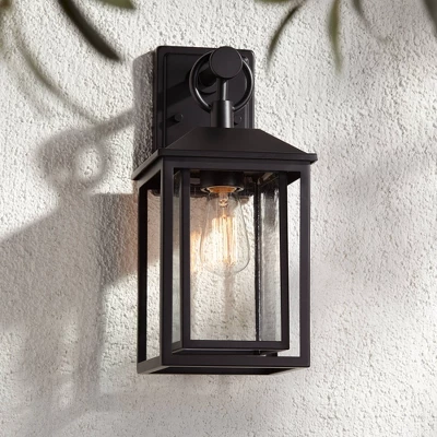 Franklin Iron Works Califa Mission Outdoor Wall Light Fixture Black Metal 15 1/4" Clear Seedy Glass For Post Exterior Barn Deck House Porch Yard Patio