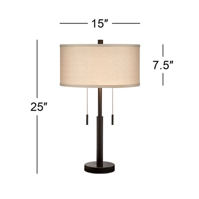 Franklin Iron Works Bernie Industrial Table Lamps 25" High Set Of 2 Rich Bronze With USB Charging Port Tan Drum Shade For Bedroom Living Room Bedside - Image 7