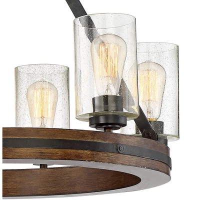 Franklin Iron Works Metal Wood Wagon Wheel Chandelier 25" Wide Rustic Farmhouse Clear Seeded Glass 6-Light Fixture For Dining Room - Image 2