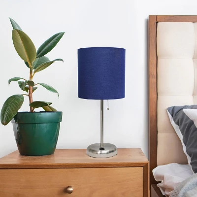 19.5" Bedside USB Port Feature Metal Table Desk Lamp Brushed Steel With Navy Fabric Shade - Creekwood Home - Image 6