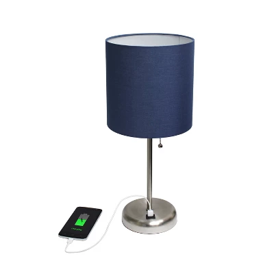 19.5" Bedside USB Port Feature Metal Table Desk Lamp Brushed Steel With Navy Fabric Shade - Creekwood Home - Image 2