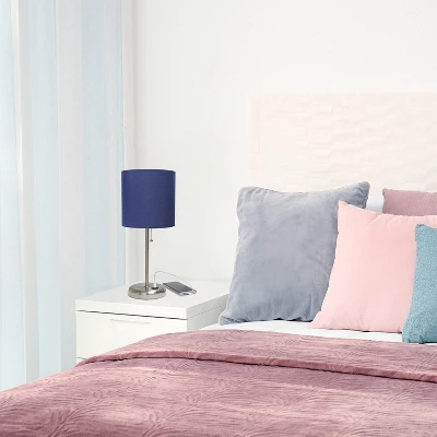 19.5" Bedside USB Port Feature Metal Table Desk Lamp Brushed Steel With Navy Fabric Shade - Creekwood Home - Image 7