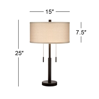Franklin Iron Works Bernie Industrial Table Lamps 25" High Set Of 2 Rich Bronze With USB Charging Port Tan Drum Shade For Bedroom Living Room Bedside - Image 5