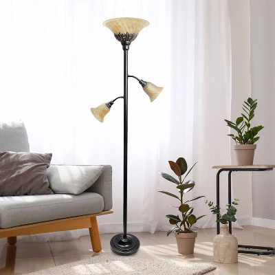 Torchiere Floor Lamp With 2 Reading Lights And Scalloped Glass Shades Restoration Bronze - Lalia Home - Image 2