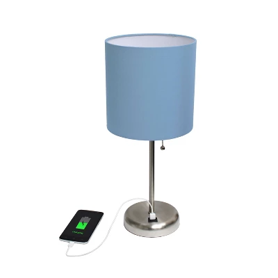 19.5" Bedside USB Port Feature Metal Table Desk Lamp Brushed Steel With Blue Fabric Shade - Creekwood Home - Image 2
