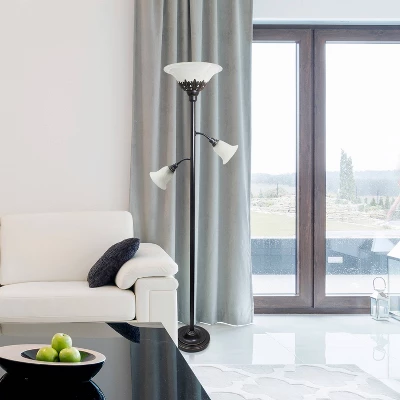 Torchiere Floor Lamp With 2 Reading Lights And Scalloped Glass Shades Restoration Bronze/White - Lalia Home - Image 3