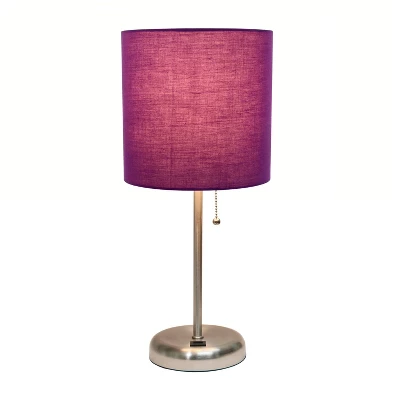 19.5" Bedside USB Port Feature Metal Table Desk Lamp Brushed Steel With Purple Fabric Shade - Creekwood Home - Image 4
