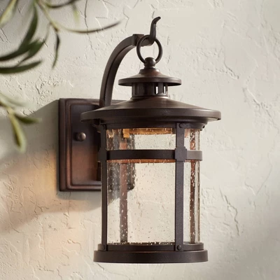 Franklin Iron Works Callaway Modern Industrial Outdoor Wall Light Fixture Bronze LED 11 1/2" Seedy Glass For Post Exterior Barn Deck House Porch Yard