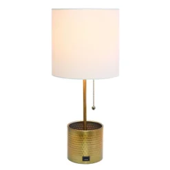 Hammered Metal Organizer Table Lamp With USB Charging Port And Fabric Shade - Simple Designs