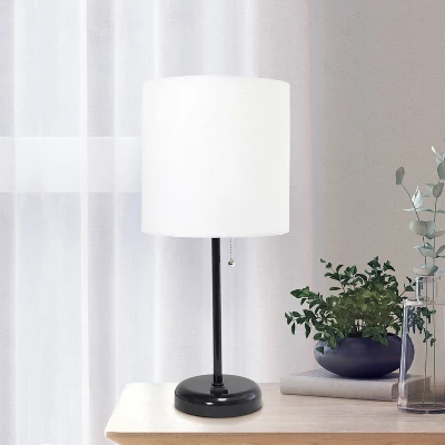 19.5" Bedside Power Outlet Base Metal Table Desk Lamp In Black With White Fabric Shade - Creekwood Home - Image 7