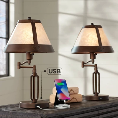 Franklin Iron Works Samuel Industrial Desk Lamps 21 1/4" High Set Of 2 Bronze Swing Arm With USB Charging Port Natural Mica Shade For Living Room Home