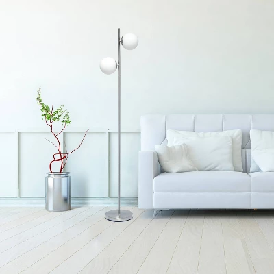 66" Tall Mid-Century Modern Tree Floor Lamp With Dual White Glass Globe Shade Brushed Nickel - Simple Designs - Image 6