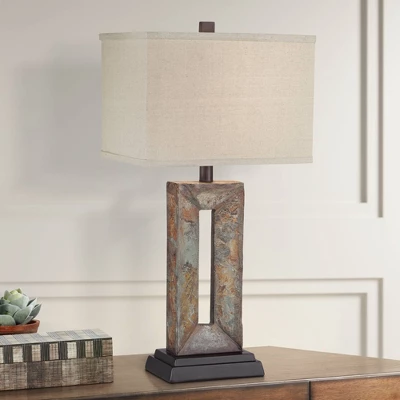 Franklin Iron Works Tahoe Rustic Table Lamp 26" High Natural Stale Rectangular Box Shade For Bedroom Living Room Bedside Nightstand Office Kids House