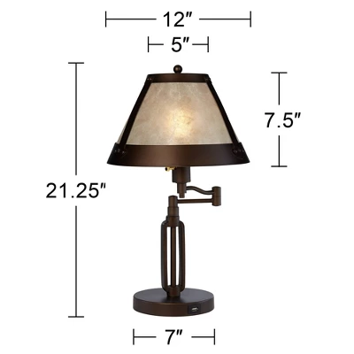 Franklin Iron Works Samuel Industrial Desk Lamps 21 1/4" High Set Of 2 Bronze Swing Arm With USB Charging Port Natural Mica Shade For Living Room Home - Image 6