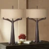 Franklin Iron Works Tremont Modern Mid Century Table Lamps 31 1/2" Tall Set Of 2 Rich Bronze Iron Burlap Fabric Drum Shade For Bedroom Living Room