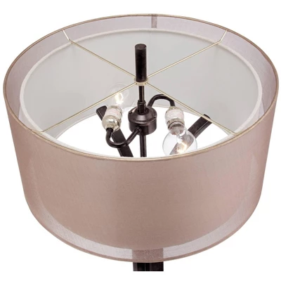 Franklin Iron Works Tristan Modern Floor Lamp 64" Tall Deep Bronze Metal Sheer Outer Linen Inner Double Drum Shade For Living Room Bedroom Office Home - Image 4