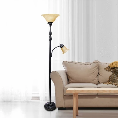 Torchiere Floor Lamp With Reading Light And Marble Glass Shades Restoration Bronze And Amber - Lalia Home - Image 2