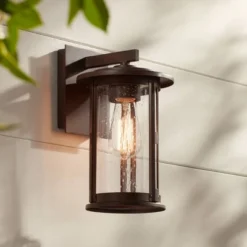 Franklin Iron Works Vintage Industrial Outdoor Wall Light Fixture Bronze Lantern 10 1/2" Seeded Glass Cylinder For Exterior Porch