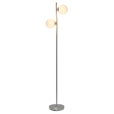 66" Tall Mid-Century Modern Tree Floor Lamp With Dual White Glass Globe Shade Brushed Nickel - Simple Designs - Image 3