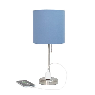 19.5" Bedside Power Outlet Base Metal Table Desk Lamp Brushed Steel With Fabric Shade Blue - Creekwood Home - Image 2