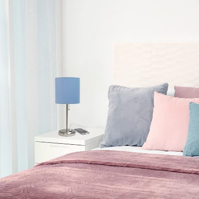 19.5" Bedside USB Port Feature Metal Table Desk Lamp Brushed Steel With Blue Fabric Shade - Creekwood Home - Image 6