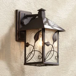 Franklin Iron Works French Garden Rustic Farmhouse Outdoor Wall Light Fixture Bronze Leaf Vine 10 1/2" Clear Seedy Glass For Post Exterior Barn Deck