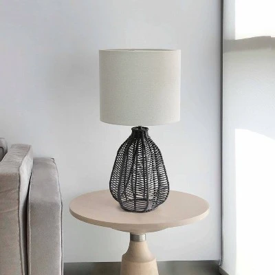 21" Vintage Rattan Wicker Style Paper Rope Bedside Table Lamp With Fabric Shade - Lalia Home - Image 2