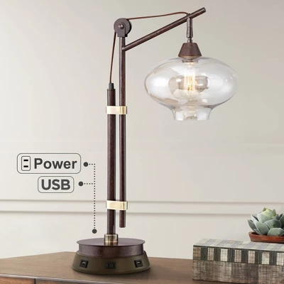Franklin Iron Works Industrial Desk Table Lamp With USB And AC Power Outlet Workstation Charging Base 29" Tall Bronze Cognac Glass Office