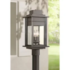 Franklin Iron Works Rustic Outdoor Post Light Fixture LED Black Specked Gray 35 1/2" Clear Glass For Exterior Garden Yard Driveway