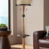 Franklin Iron Works Hunter Rustic Floor Lamp With Tray Table 64 3/4" Tall Faux Wood Bronze USB Charging Port Oatmeal Linen Drum Shade For Living Room