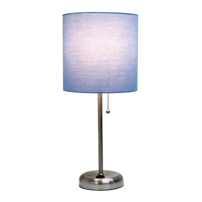 19.5" Bedside Power Outlet Base Metal Table Desk Lamp Brushed Steel With Fabric Shade Blue - Creekwood Home