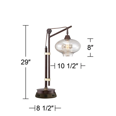 Franklin Iron Works Industrial Desk Table Lamp With USB And AC Power Outlet Workstation Charging Base 29" Tall Bronze Cognac Glass Office - Image 6