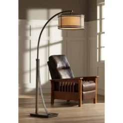 Franklin Iron Works Gentry Industrial Rustic Farmhouse Arc Floor Lamp 71 1/2" Tall Oil Rubbed Bronze Oatmeal Drum Shade For Living Room Reading Office