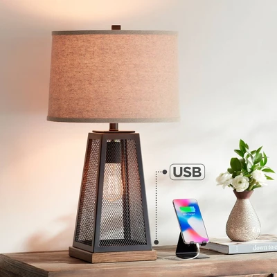 Franklin Iron Works Barris Industrial Table Lamp 26 3/4" High Metal Mesh With Nightlight LED USB Charging Port Burlap Shade For Living Room House Desk