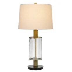 31" Morrilton Glass And Metal Table Lamp With Wood Poles Hardback Fabric Drum Shade Antique Brass - Cal Lighting