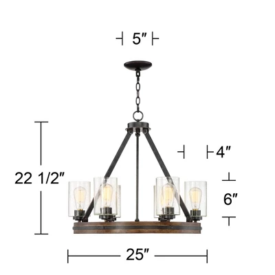 Franklin Iron Works Metal Wood Wagon Wheel Chandelier 25" Wide Rustic Farmhouse Clear Seeded Glass 6-Light Fixture For Dining Room - Image 4