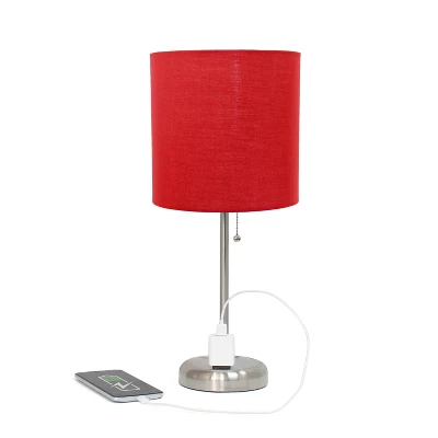 19.5" Bedside Power Outlet Base Metal Table Desk Lamp Brushed Steel With Fabric Shade Red - Creekwood Home - Image 2